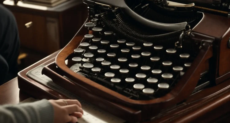 a person typing on an antique typewriter with a large, intricately designed key resting on the table next to it.
