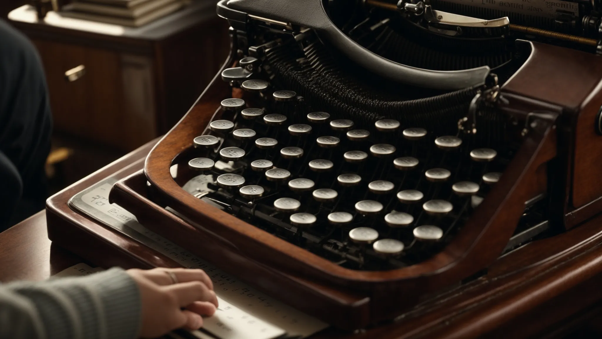 a person typing on an antique typewriter with a large, intricately designed key resting on the table next to it.