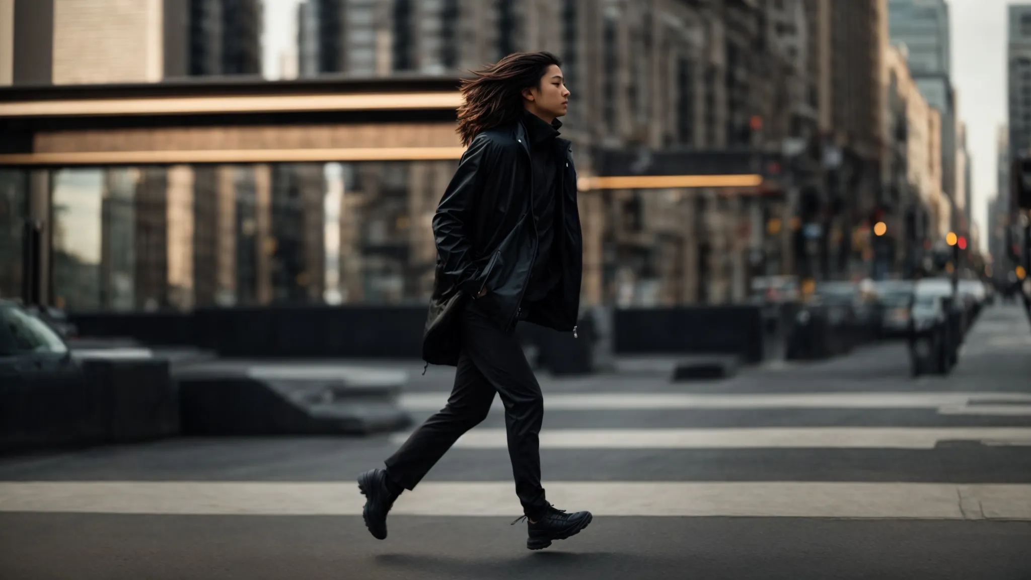 a person confidently strides down a city street, wearing a sleek black jacket that flutters slightly in the breeze.