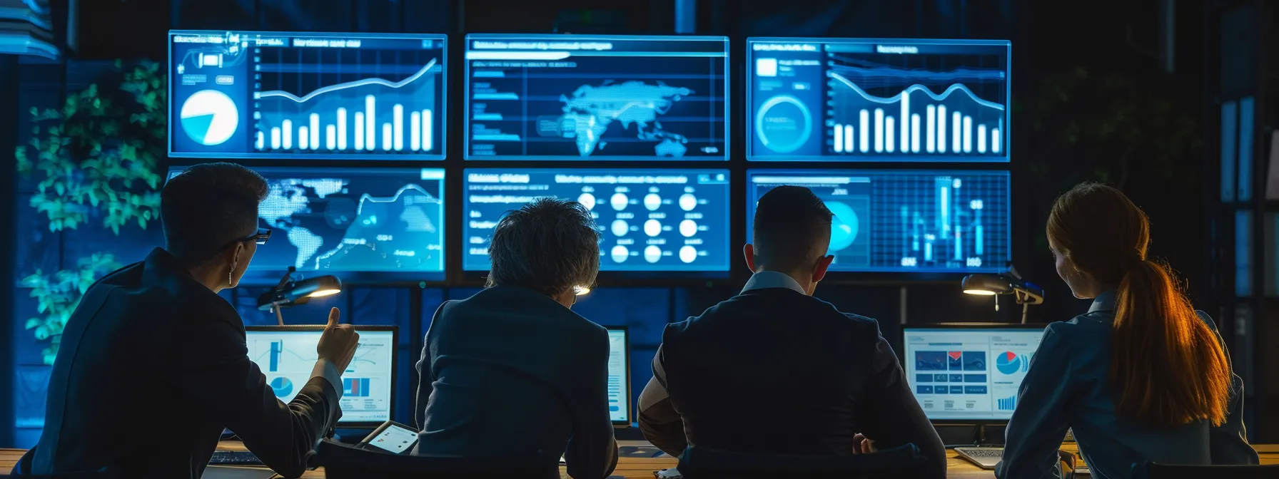 a professional business team showcasing their ai search platform in action, with screens displaying detailed search results and graphs.