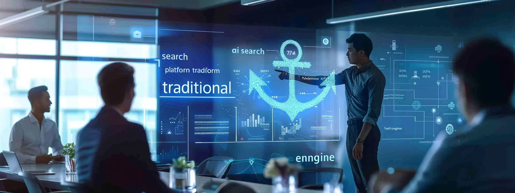 business professionals in a meeting room, pointing at a large anchor symbol on a whiteboard with the words "ai search platform" and "traditional search engine" written next to it.