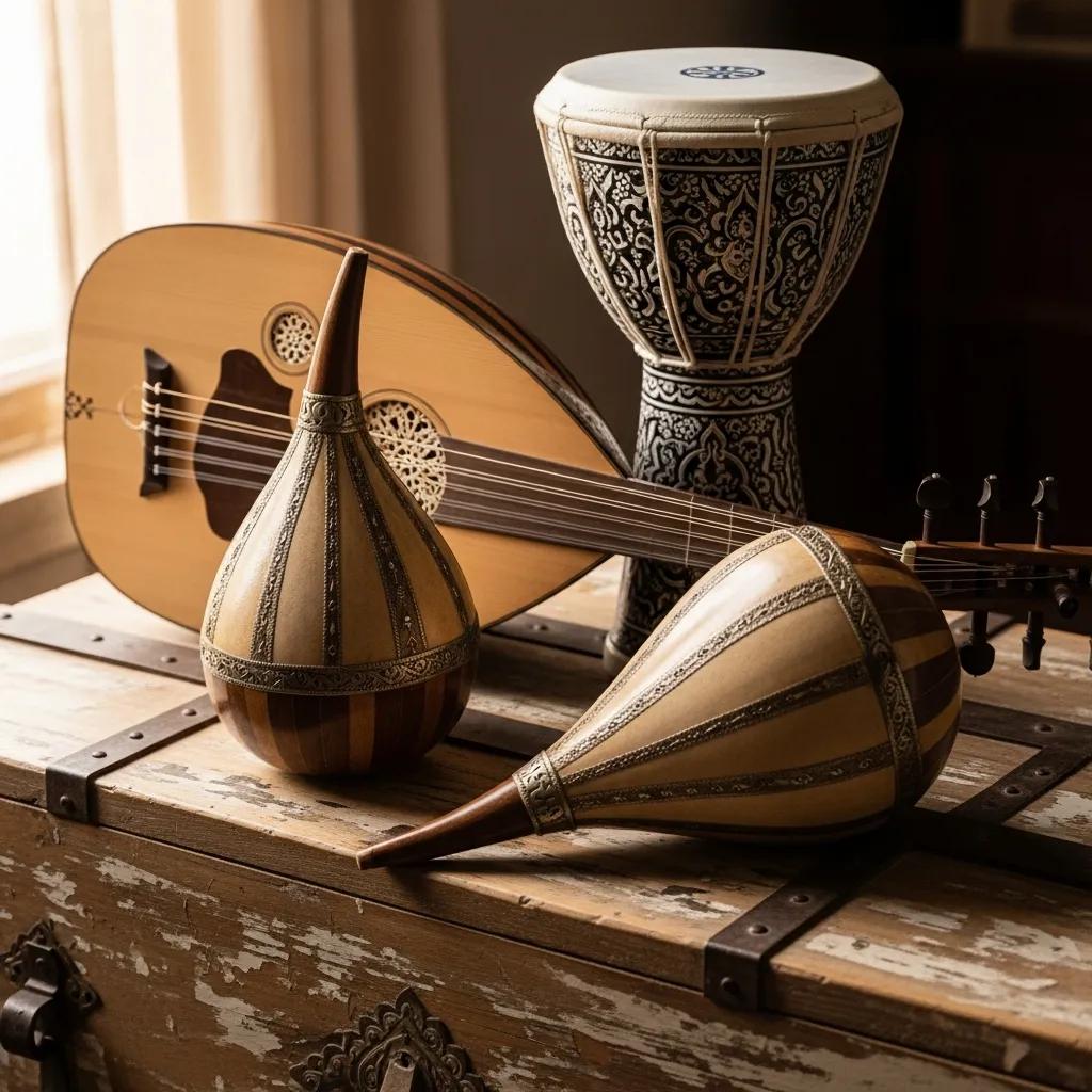Close-up of traditional Yemeni musical instruments including oud, qanbus, and darbuka