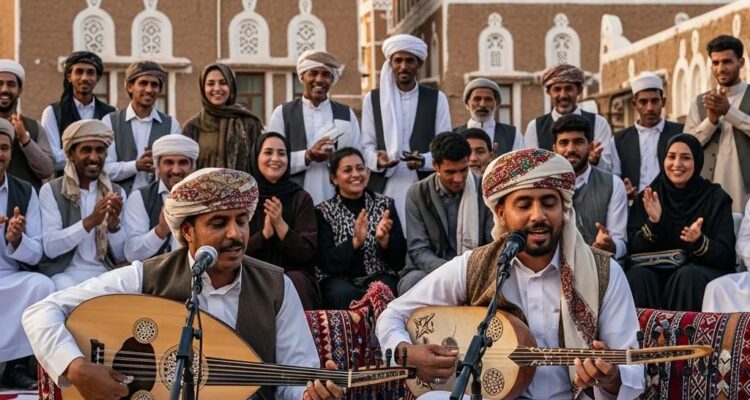Traditional Yemeni musicians performing with oud and qanbus in a vibrant cultural setting