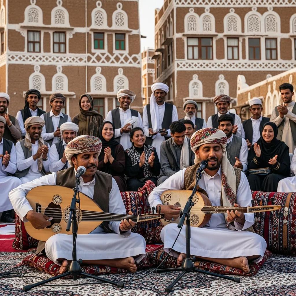 Traditional Yemeni musicians performing with oud and qanbus in a vibrant cultural setting
