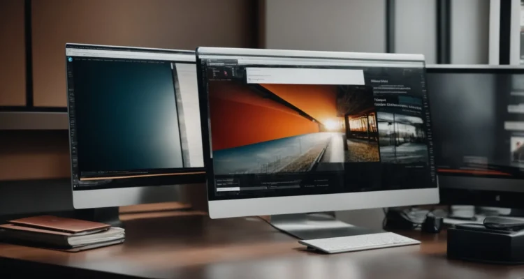 two computer monitors side by side, one displaying a modern, abstract interface and the other showing a classic web search page.