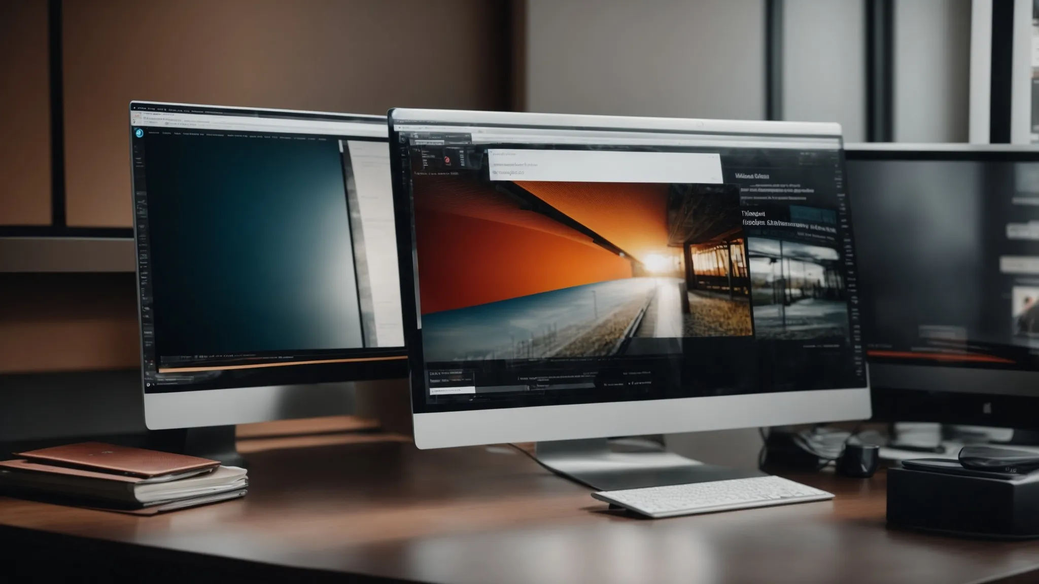 two computer monitors side by side, one displaying a modern, abstract interface and the other showing a classic web search page.