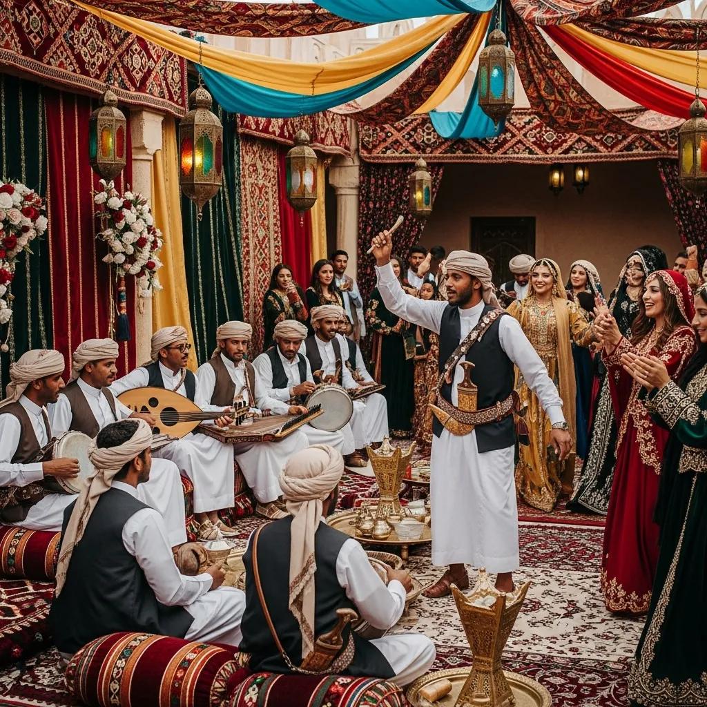 Yemeni wedding celebration with musicians and guests dancing, showcasing cultural music traditions